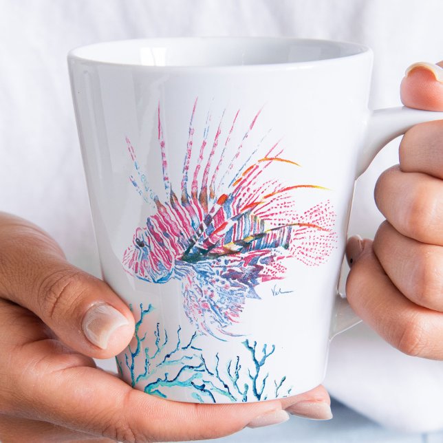Coastal Lionfish Tropical Fish Watercolor Art Latte Mug (Beach themed coffee cups designed using unique ocean inspired art by Victoria Grigaliunas)