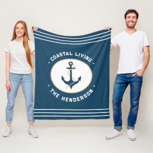 Coastal living Nautical Teal blue white Anchor Fleece Blanket