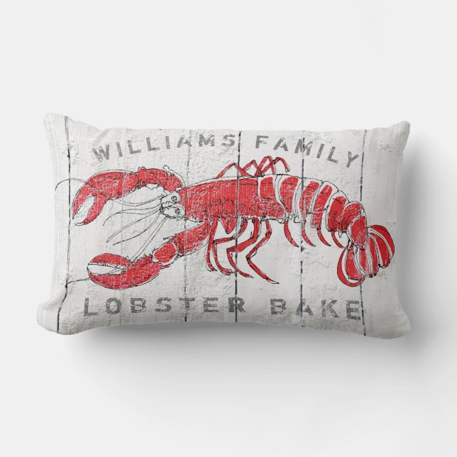 Coastal Lobster Family Name Lobster Bake Rustic Lumbar Cushion (Front)