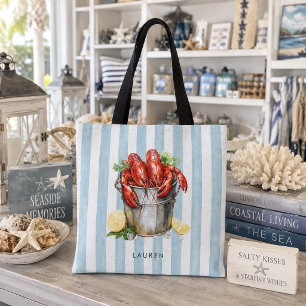 Coastal Lobster Nautical Blue Stripes with Name Tote Bag