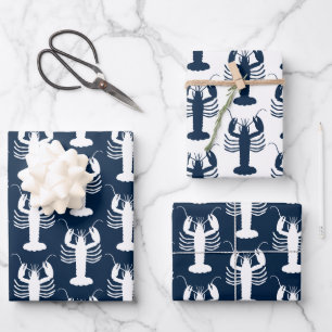 Coastal Lobster Pattern Navy Blue and White Wrapping Paper Sheet