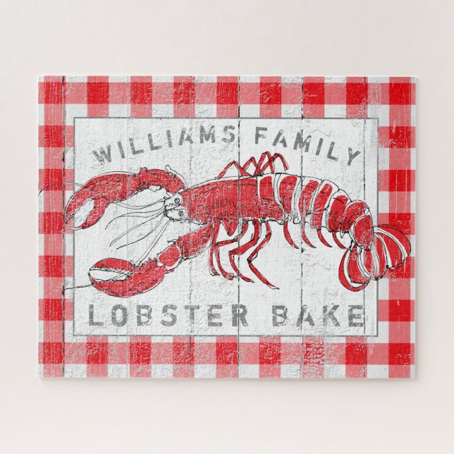 Coastal Lobster Red Buffalo Plaid Family Name Jigsaw Puzzle (Horizontal)