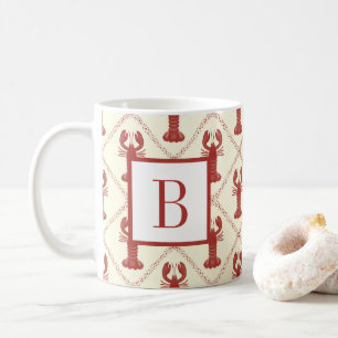 Coastal Lobster Red Cream Diamond Initial Monogram Coffee Mug