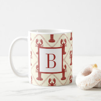 Coastal Lobster Red Cream Diamond Initial Monogram Coffee Mug