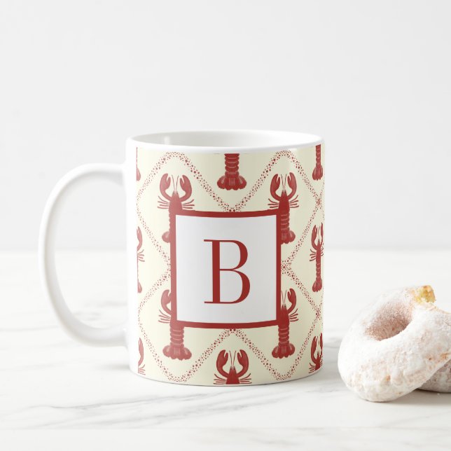 Coastal Lobster Red Cream Diamond Initial Monogram Coffee Mug (With Donut)
