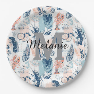 Coastal Lobster Seafood Blue Peach Nautical Paper Plate