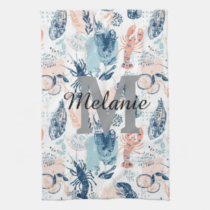 Coastal Lobster Seafood Blue Peach Nautical Tea Towel