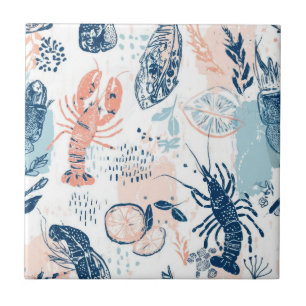 Coastal Lobster Seafood Blue Peach Nautical Tile