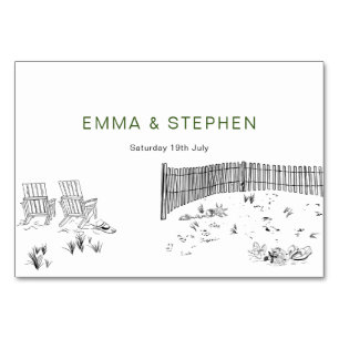 Coastal Love Sandy Beach Minimal Line Art Wedding Table Number