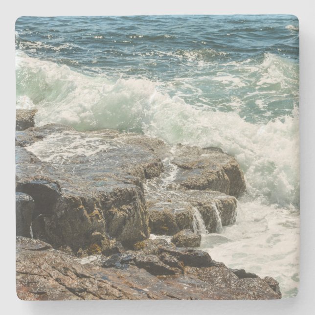 Coastal Maine Rocky Shoreline Ocean Stone Coaster (Front)