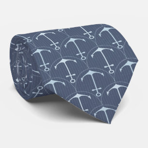 Coastal Marine Anchor Scallop Pattern on Navy Blue Tie