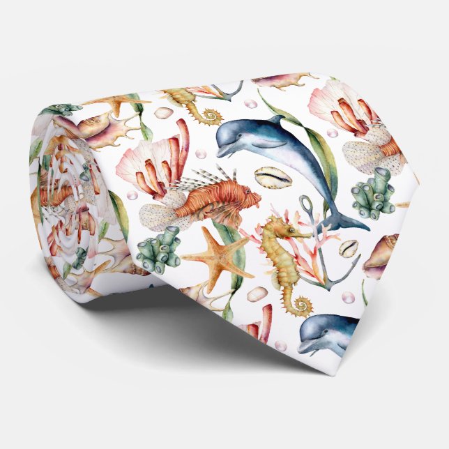Coastal Marine Life  Pattern  Tie (Rolled)