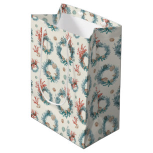 Coastal Marine Vintage Christmas Wreath Pattern Medium Gift Bag