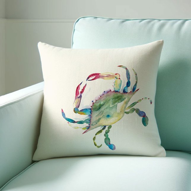 Coastal Maryland Blue Crab Watercolor Cushion (Beach house decor throw pillow features watercolor blue crab art by Victoria Grigaliunas )