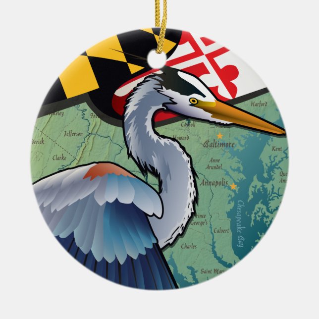 Coastal Maryland Blue Heron Ceramic Tree Decoration (Front)