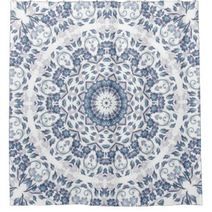 Coastal Mediterranean Dusty Blue Floral Mandala Shower Curtain