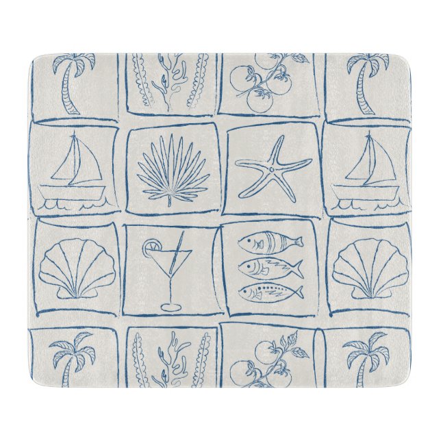 Coastal Mediterranean Faux Tile Linen Cobalt Cutting Board (Front)