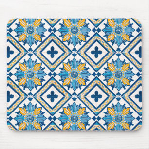 Coastal Mediterranean Tile Floral Pattern Mouse Mat