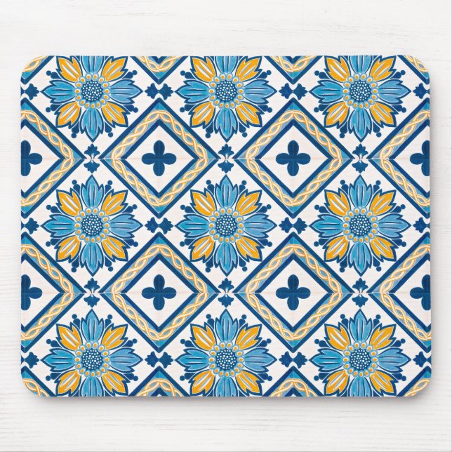 Coastal Mediterranean Tile Floral Pattern Mouse Mat (Front)