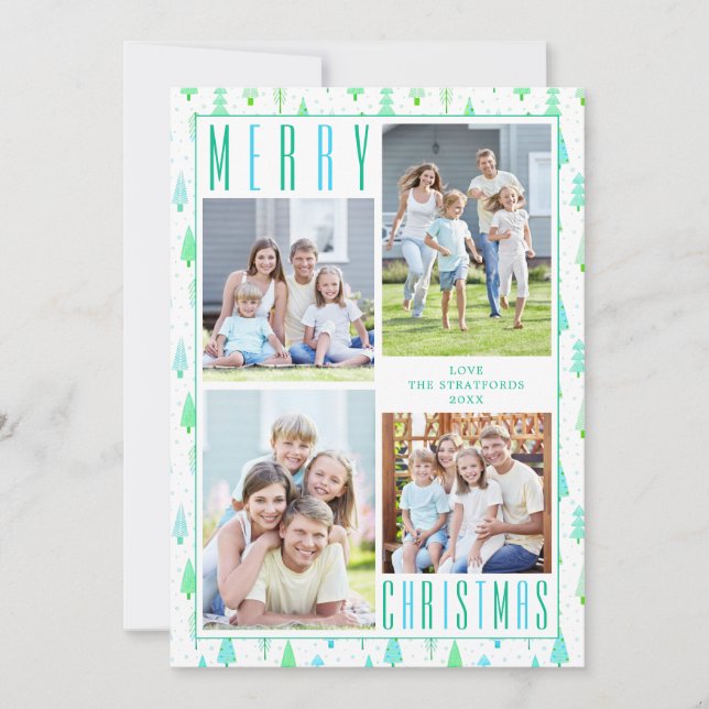 Coastal MERRY CHRISTMAS Trees 4 Photos Turquoise Holiday Card (Front)