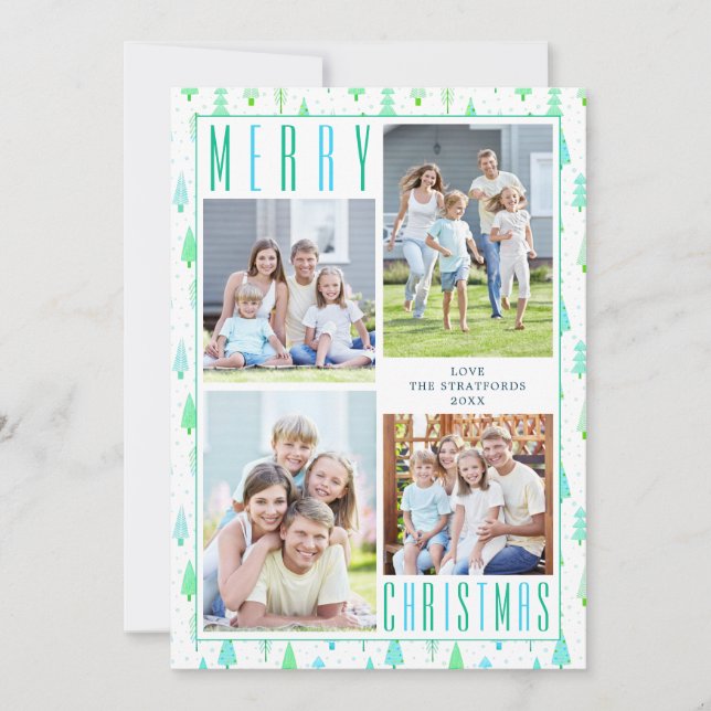 Coastal MERRY CHRISTMAS Trees 4 Photos Turquoise Holiday Card (Front)