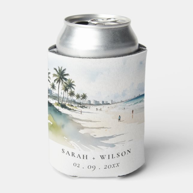 Coastal Miami Beach Palm Tree Watercolor Wedding Can Cooler (Can Front)