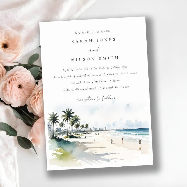 Coastal Miami Beach Palm Tree Watercolor Wedding Invitation (Creator Uploaded)