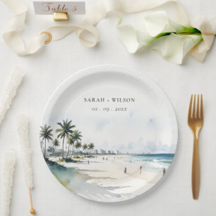 Coastal Miami Beach Palm Tree Watercolor Wedding Paper Plate