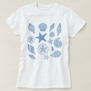 Coastal Minimal Seashells Beach Line Art T-Shirt