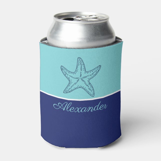 Coastal Modern Navy Blue Teal Monogram Starfish  Can Cooler (Can Front)