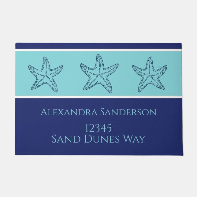 Coastal Modern Navy Blue Teal Monogram Starfish  D Doormat (Front)