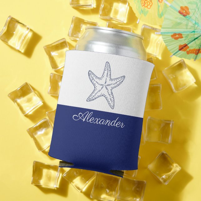 Coastal Modern Navy Blue White Monogram Starfish  Can Cooler (In Situ Summer)