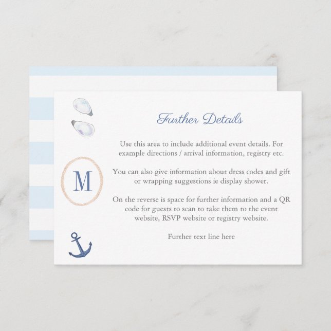 Coastal Monogram Baby Shower Registry QR Code  Enclosure Card (Front/Back)