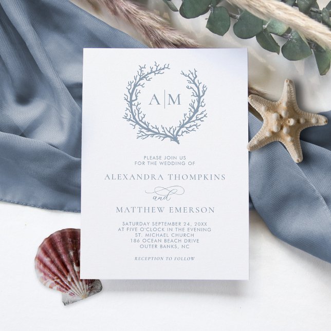 Coastal Monogram Dusty Blue Beach Wedding Invitation (Creator Uploaded)