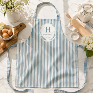 Coastal Monogram Family Heirloom Ticking Stripes Apron