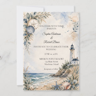 Coastal Nantucket Lighthouse Beach Wedding Invitation