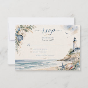 Coastal Nantucket Lighthouse Beach Wedding RSVP Card