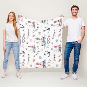 Coastal Nautical 4th of July Sailboats Lighthouse Fleece Blanket