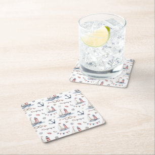 Coastal Nautical 4th of July Sailboats Lighthouse Square Paper Coaster