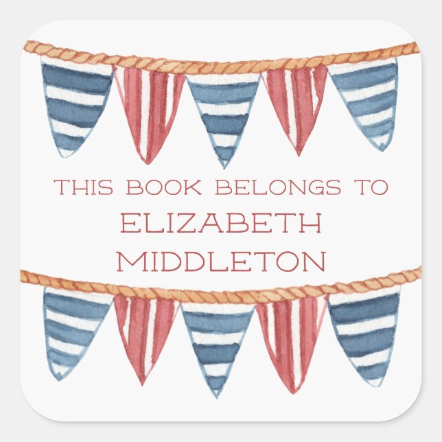 Coastal Nautical Beach Flags Bookplate Square Sticker (Front)