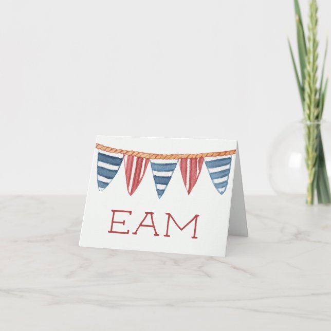 Coastal Nautical Beach Flags Monogram Note Card (Front)