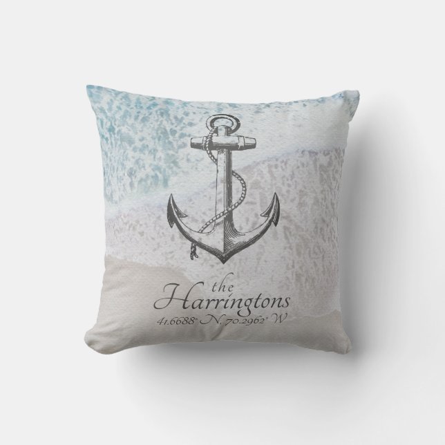 Coastal Nautical Beach House Ocean Spray Name Cushion (Front)