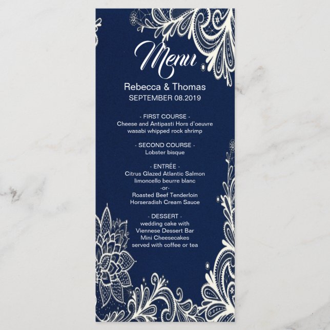 coastal nautical beach navy blue wedding menu (Front)