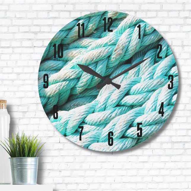 Coastal Nautical Blue Rope Pattern Large Clock (Distressed Blue Rope Nautical Beach House Print Large Clock )