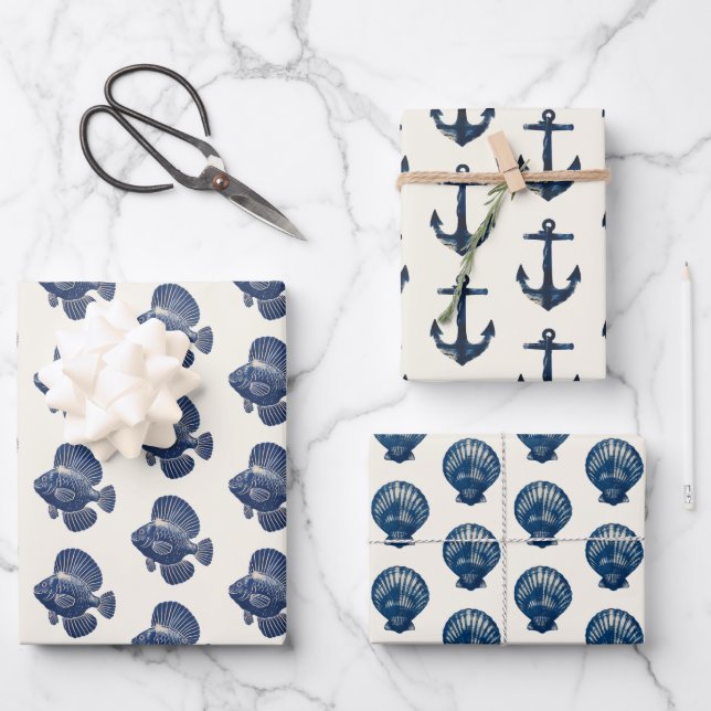 Coastal Nautical Blue Seaside Anchor Shell Fish Wrapping Paper Sheet (Front)