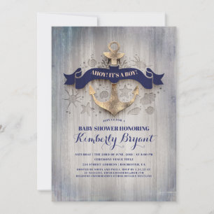 Coastal Nautical Gold Anchor Baby Shower Invitation