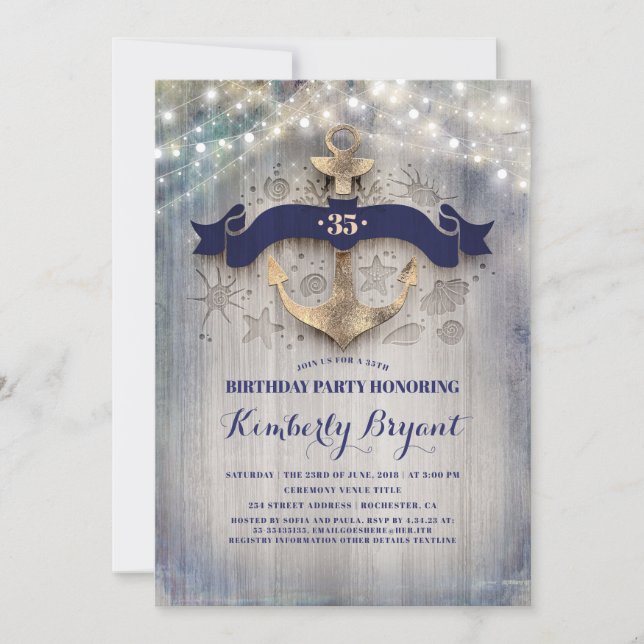 Coastal Nautical Golden Anchor Birthday Party Invitation (Front)