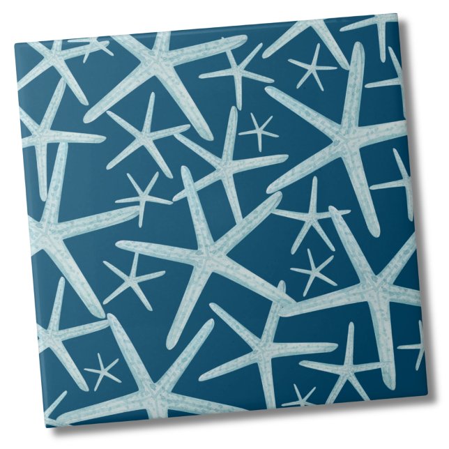 Coastal Nautical Navy Blue Beach Pattern Tile (Navy Blue Teal Nautical Starfish Beach Pattern Ceramic Tile)