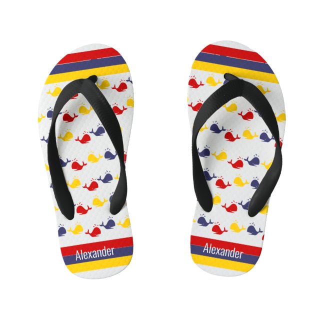  Coastal Nautical Navy BLUE RED YELLOW WHALE    Kid's Flip Flops (Footbed)