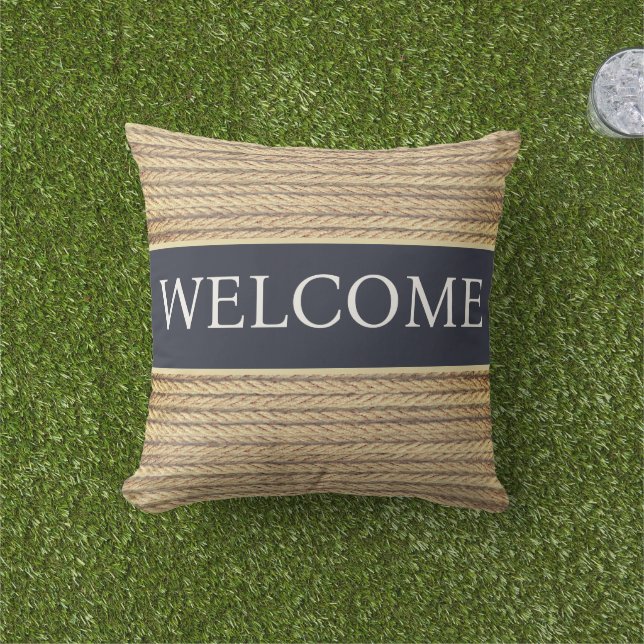 Coastal Nautical Navy Blue Rope Beach Lake Welcome Cushion (Grass)